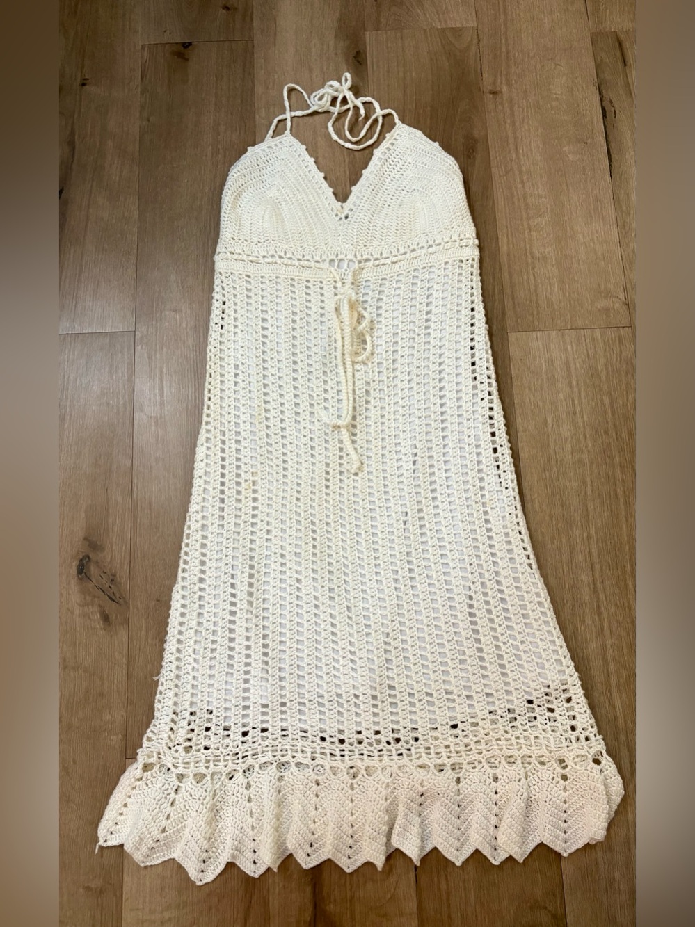Women’s White Diamonds Cream Cotton Crochet Lined Halter Midi Dress - Size S